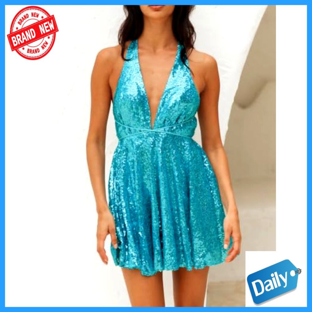 Sequin Spaghetti Strap Deep V Backless Skater Swi… - image 3